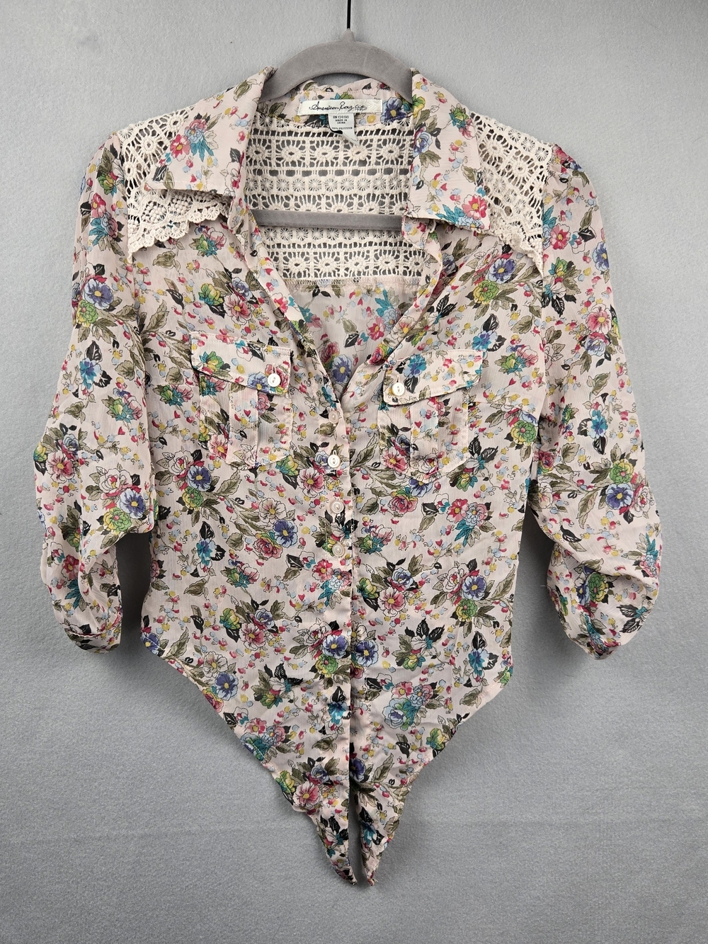 American Rag Sheer Floral Crochet Yoke Tie Front Blouse Top Pastel Pink Size S